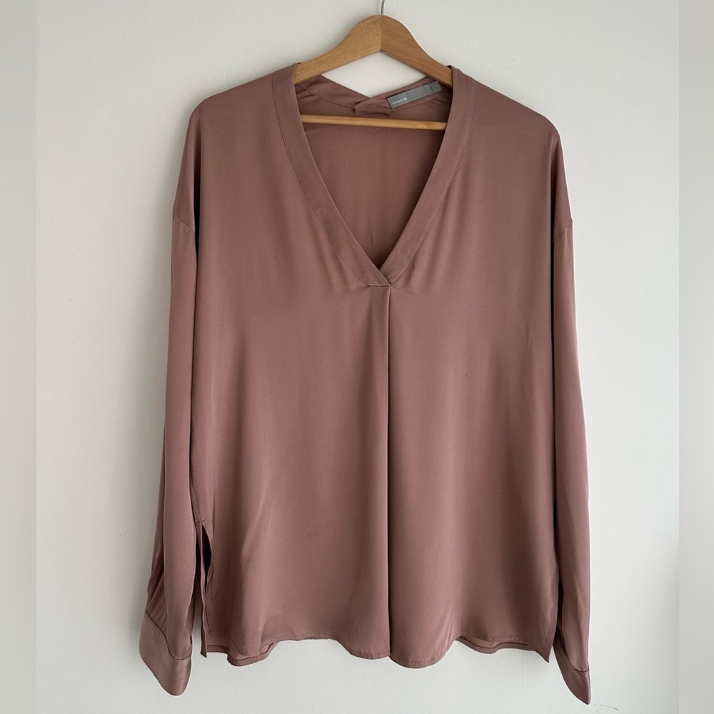 Vince Mauve V-Neck Long Sleeve Silk Blouse